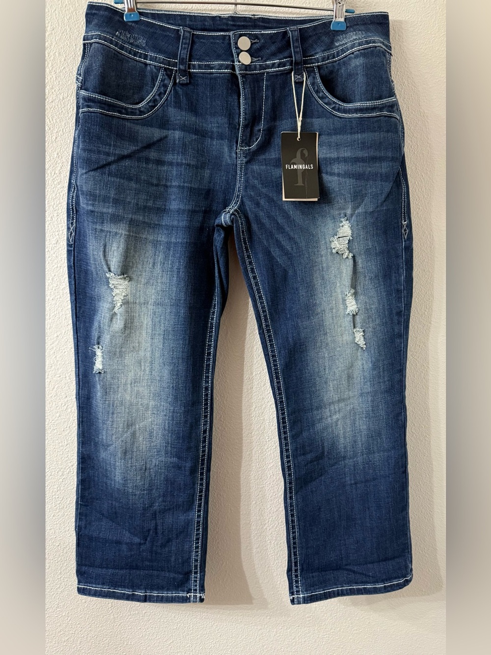Flamingals Dark Wash Distressed Cropped Jeans | Size XL (12/14)